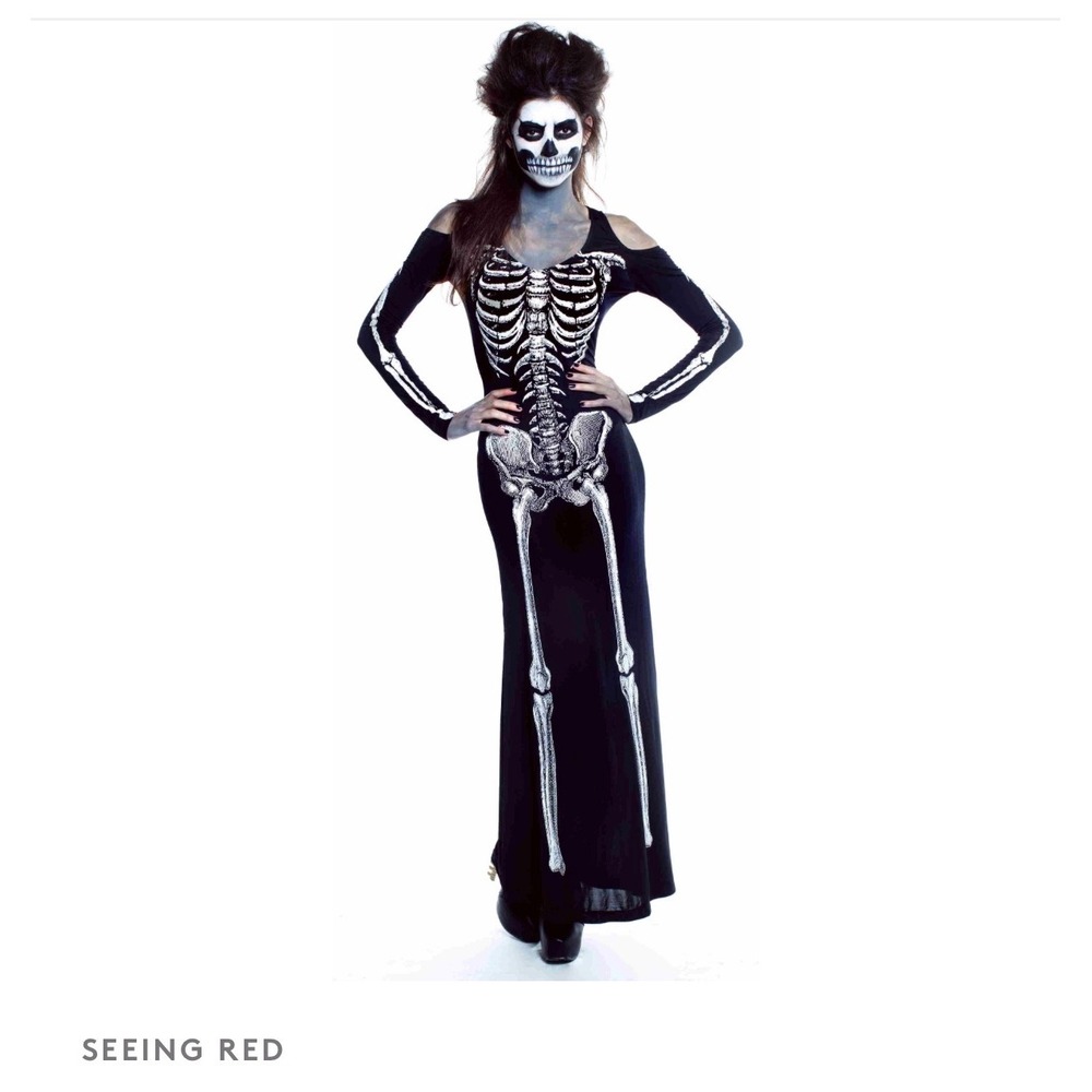 Seeing Red Women's 4X Skeleton Cold Shoulder Maxi Dress Black Halloween Costume